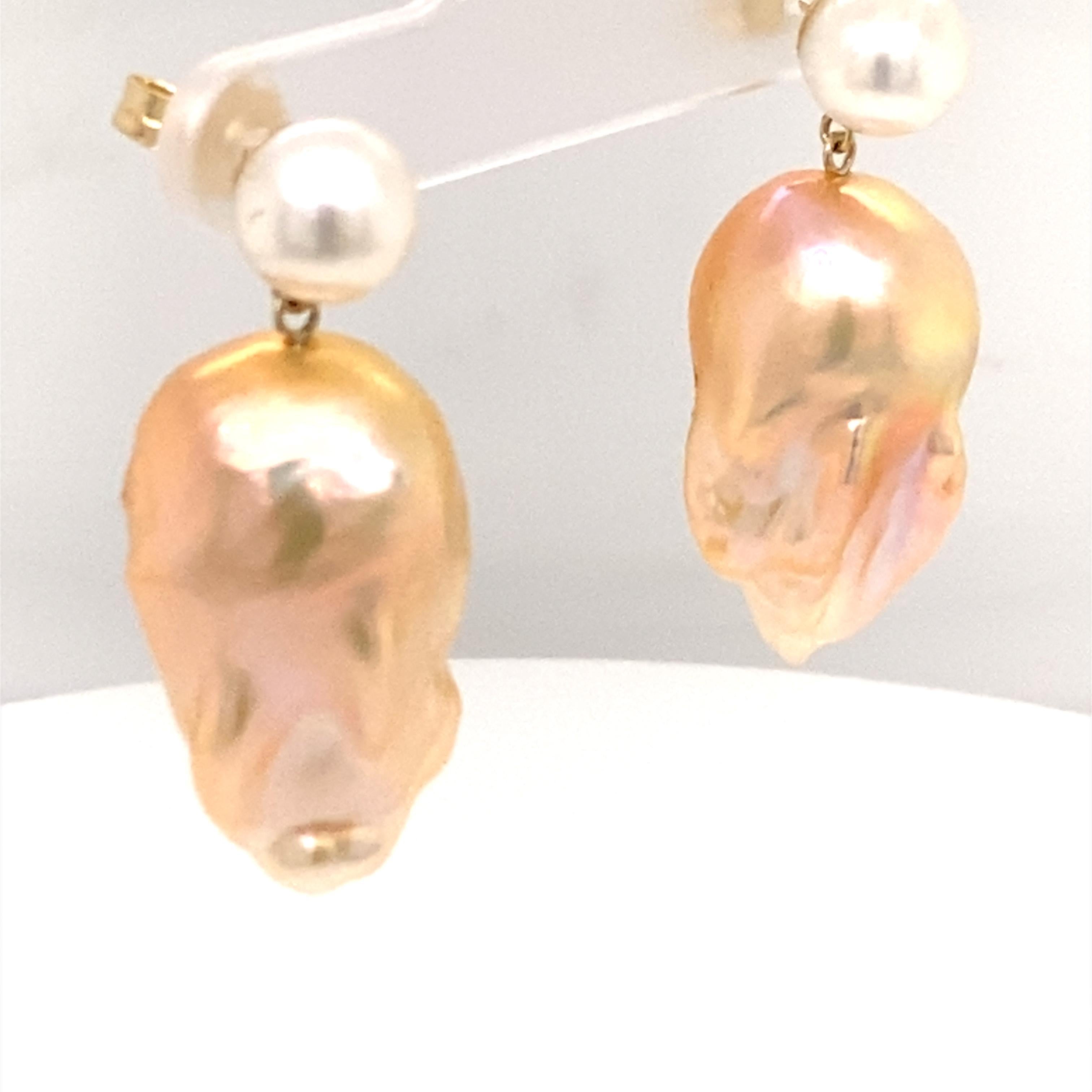 14 Karat Double Bubble Golden Baroque Pearl Earrings For Sale 3