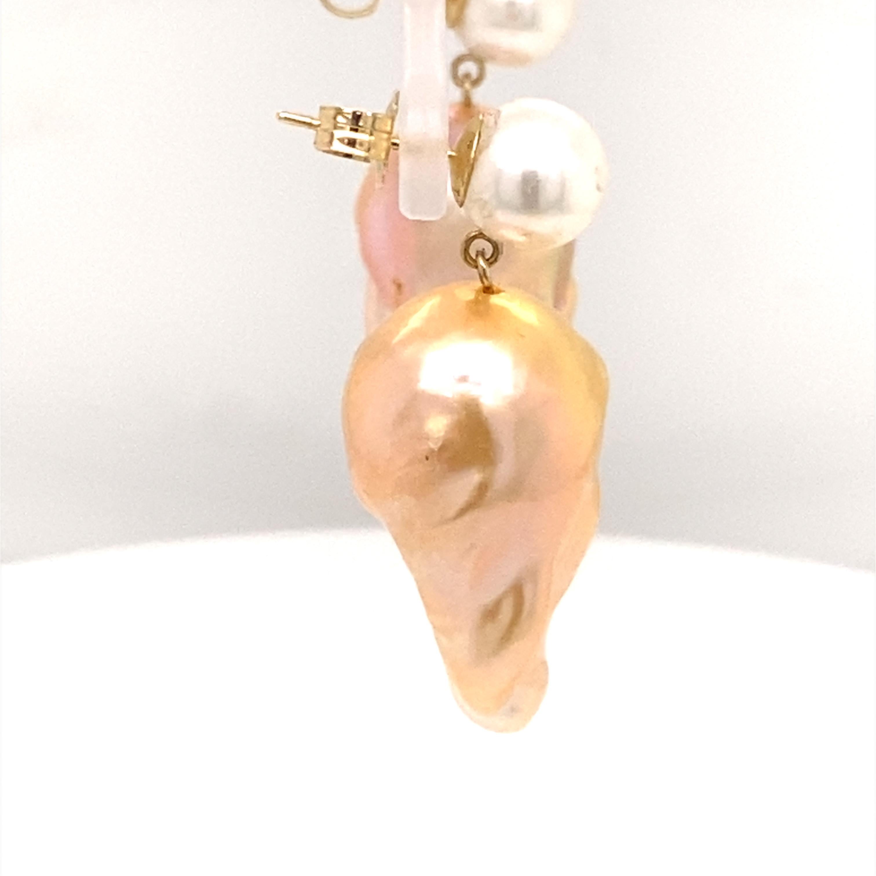 14 Karat Double Bubble Golden Baroque Pearl Earrings For Sale 4
