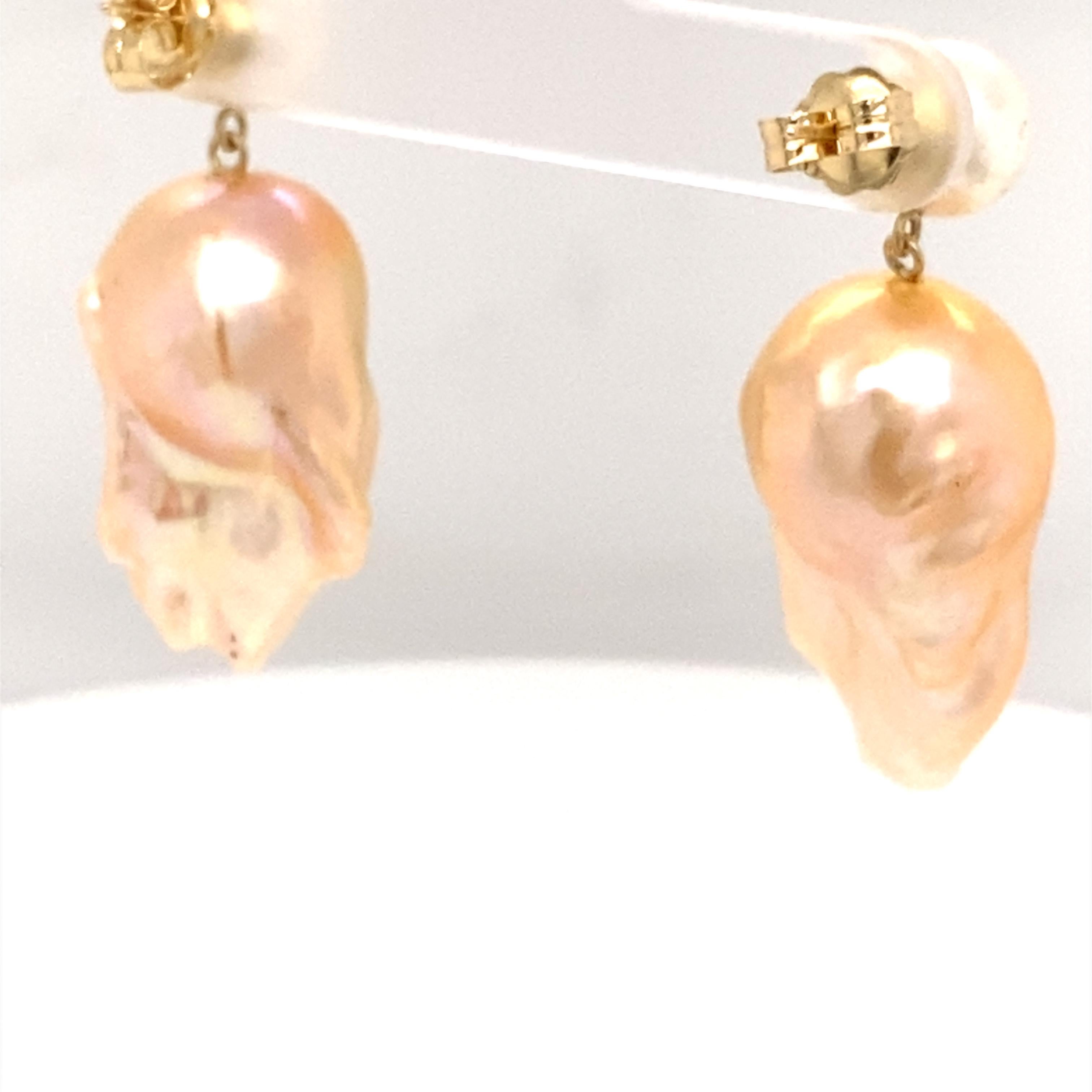 14 Karat Double Bubble Golden Baroque Pearl Earrings For Sale 5