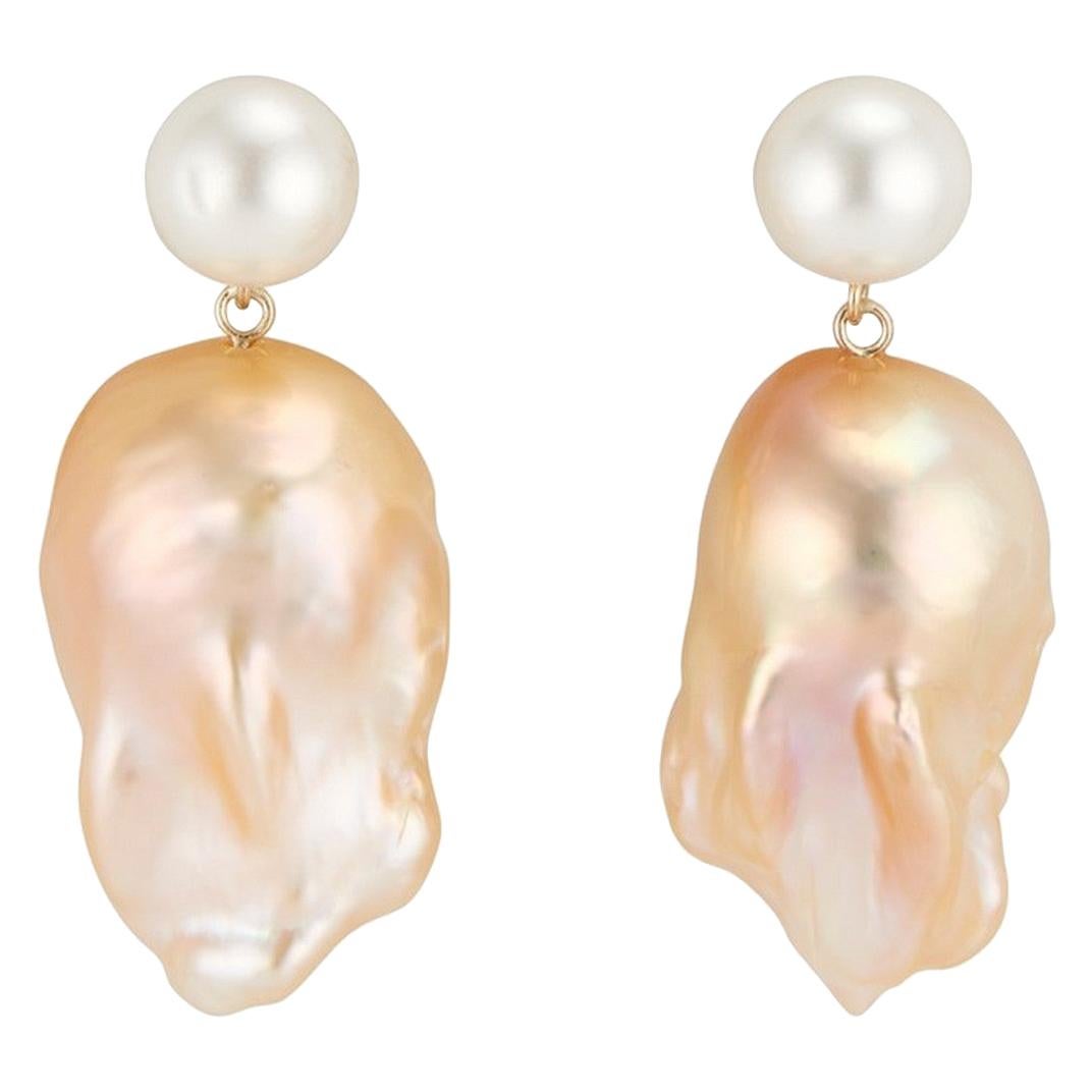14 Karat Double Bubble Golden Baroque Pearl Earrings For Sale