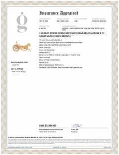 14 Karat Driver Horse and Sulky Moveable Diamond 0.10 Carat Wheel 2 Inch Brooch