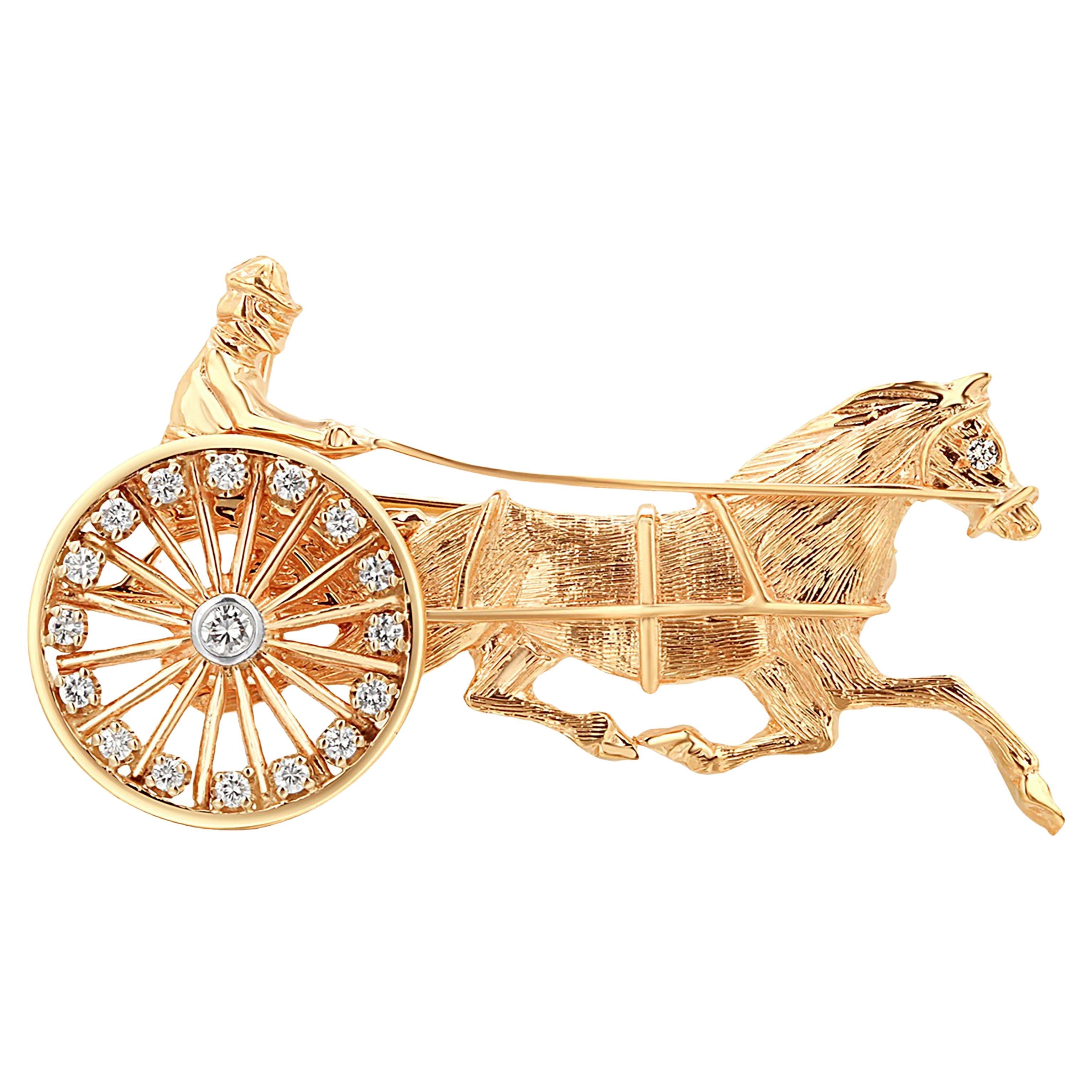 Round Cut 14 Karat Driver Horse and Sulky Moveable Diamond 0.10 Carat Wheel 2 Inch Brooch  For Sale