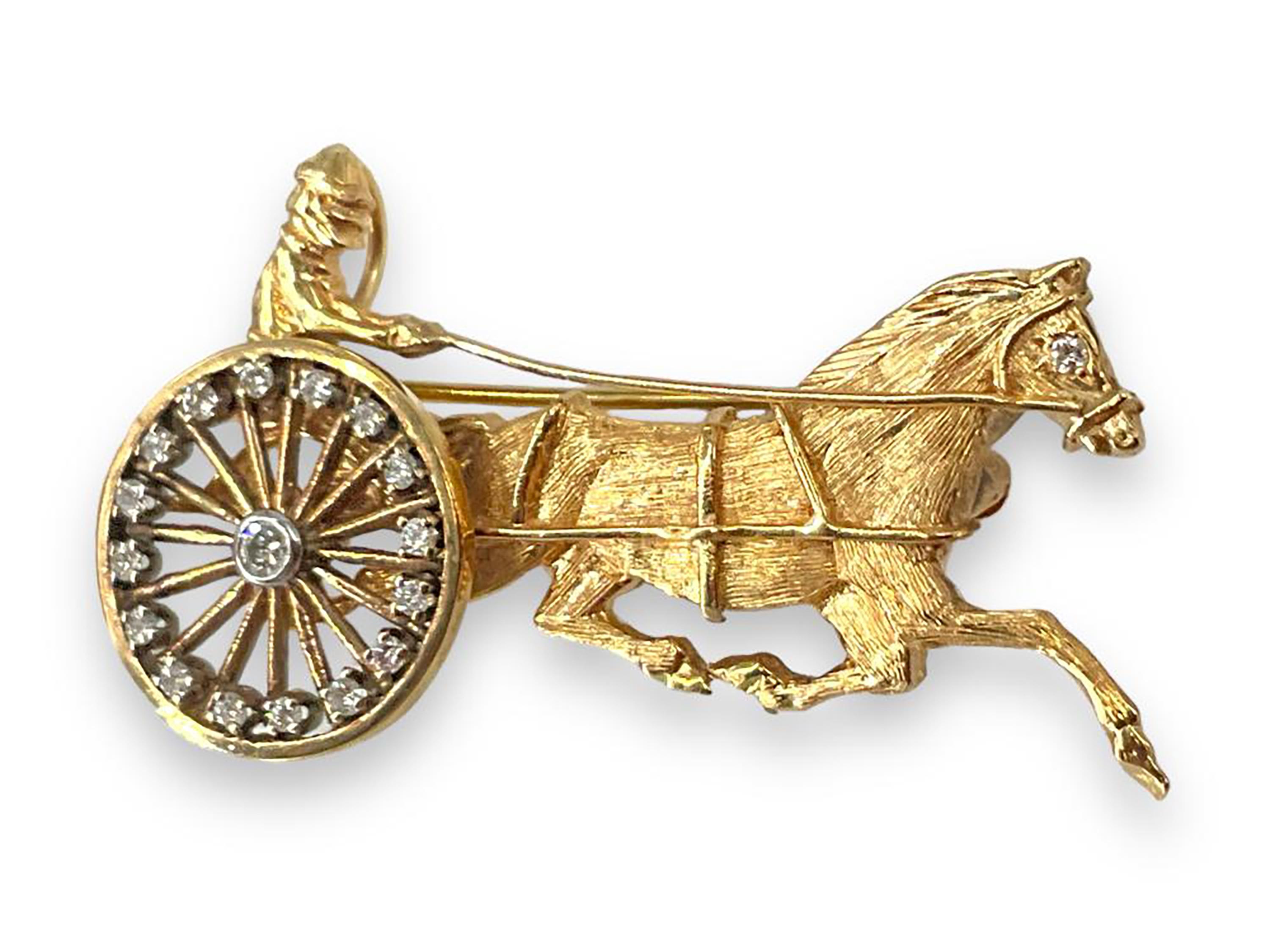 14 Karat Driver Horse and Sulky Moveable Diamond 0.10 Carat Wheel 2 Inch Brooch  In Good Condition For Sale In New York, NY