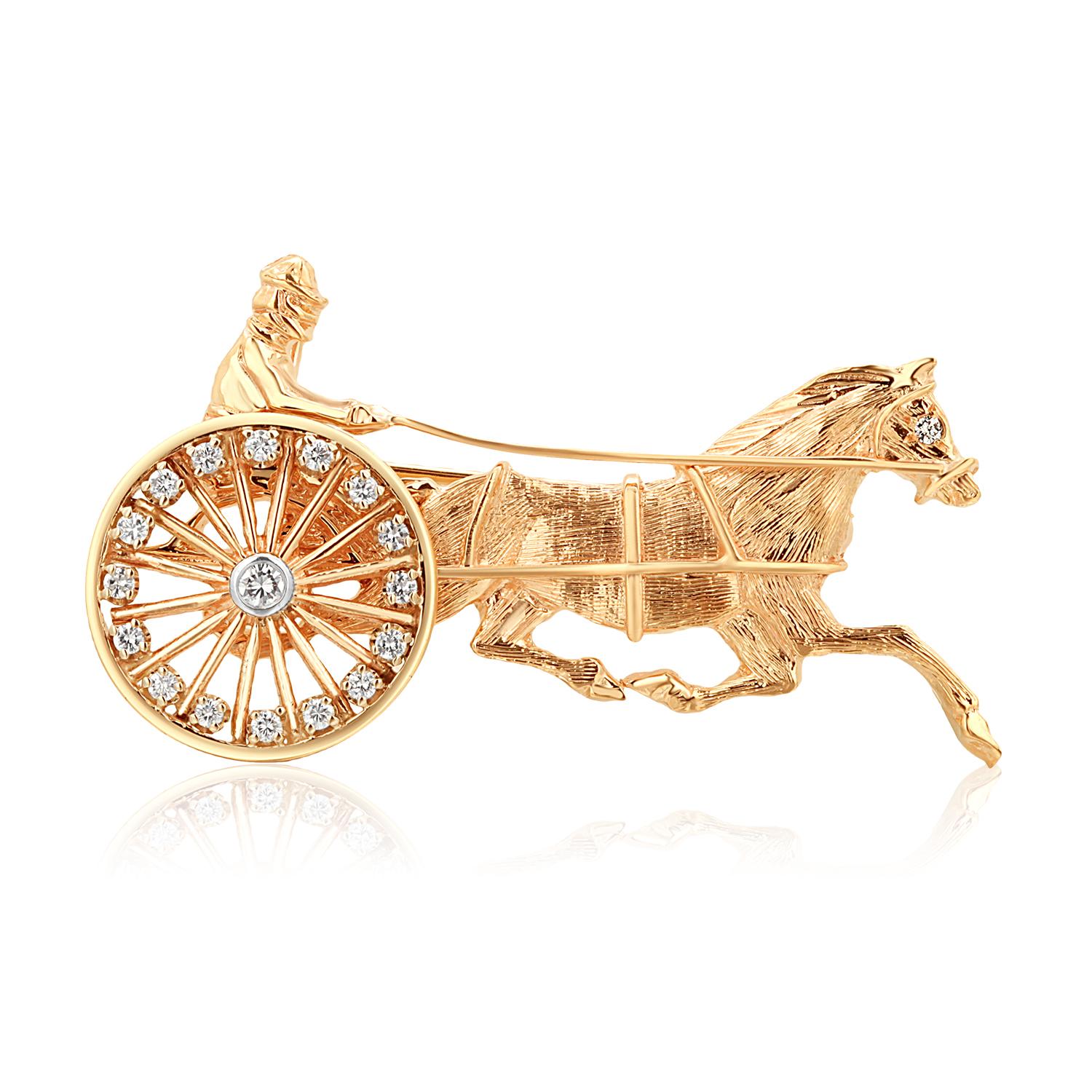 Women's or Men's 14 Karat Driver Horse and Sulky Moveable Diamond 0.10 Carat Wheel 2 Inch Brooch  For Sale