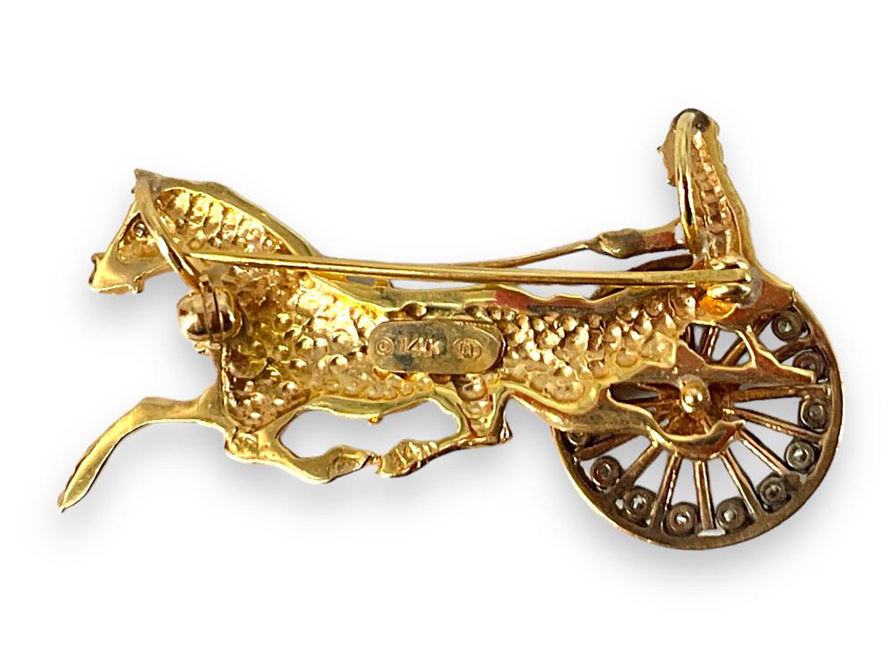 14 Karat Driver Horse and Sulky Moveable Diamond 0.10 Carat Wheel 2 Inch Brooch 2