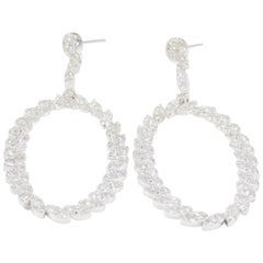 14 Karat Drop Dangle Oval Hoop Wreath Diamond Stud Earrings White Gold