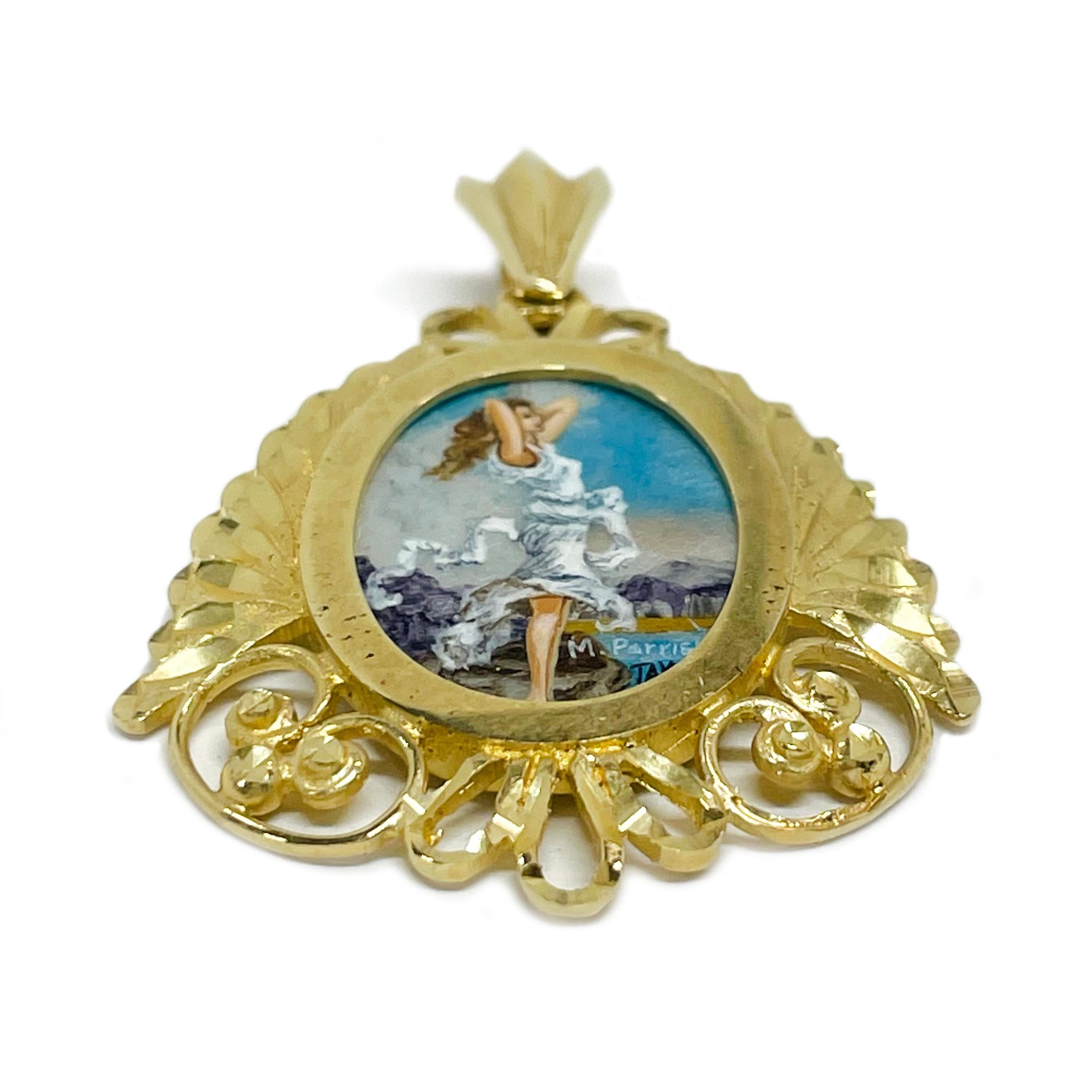 14 Karat Yellow Gold 'Ecstasy' Hand Painted Mother of Pearl Pendant. Absolutely lovely recreated Maxfield Parrish's 'Ecstasy' painting. The miniature painting is set in a 14 karat gold oval frame with diamond-cut details. The painting is signed by