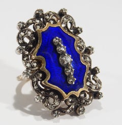 14 Karat Edwardian Diamond Ring Large Blue Enamel Silver 0.25 Carat
