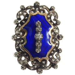 Antique 14 Karat Edwardian Diamond Ring Large Blue Enamel Silver 0.25 Carat