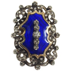 14 Karat Edwardian Diamond Ring Large Blue Enamel Silver 0.25 Carat