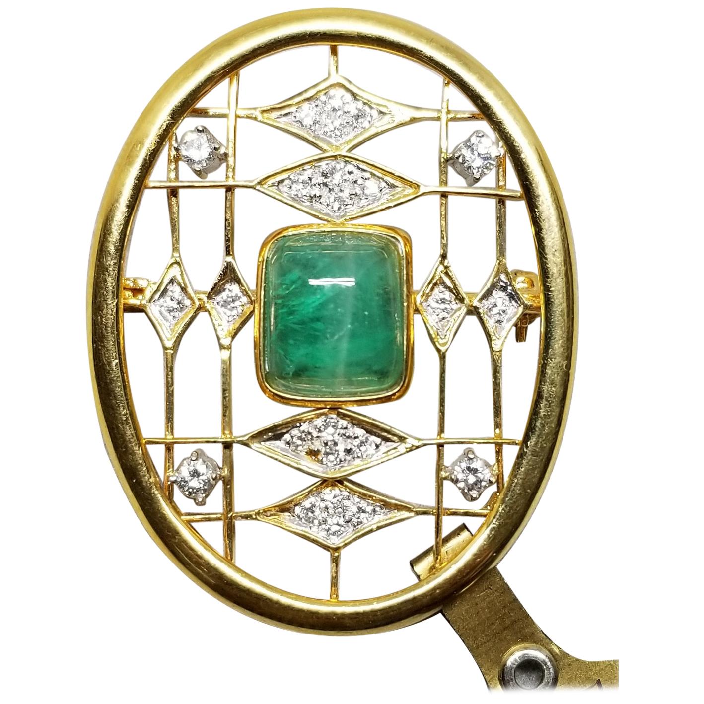 14 Karat Emerald and Diamond Pin Containing 1 Cushion Cut Cabochon Emerald For Sale