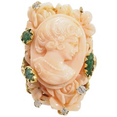 14 Karat Emerald Diamond Ring Carved Coral Cameo Yellow Gold
