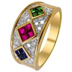 14 Karat Emerald Rubi Sapphire and Diamond Ladies Ring