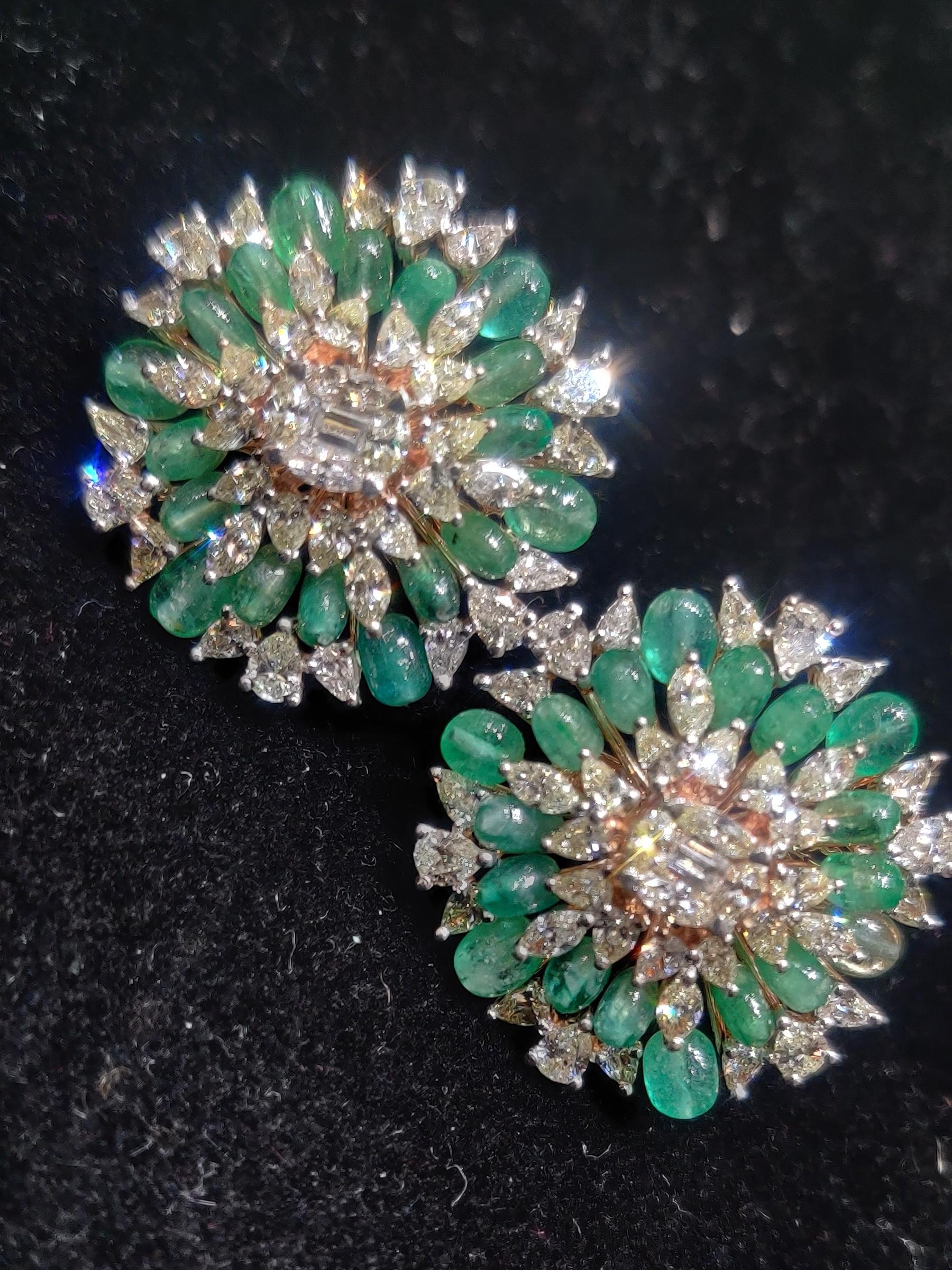 Mixed Cut 14 Karat Emerald White Diamond Stud Earrings
