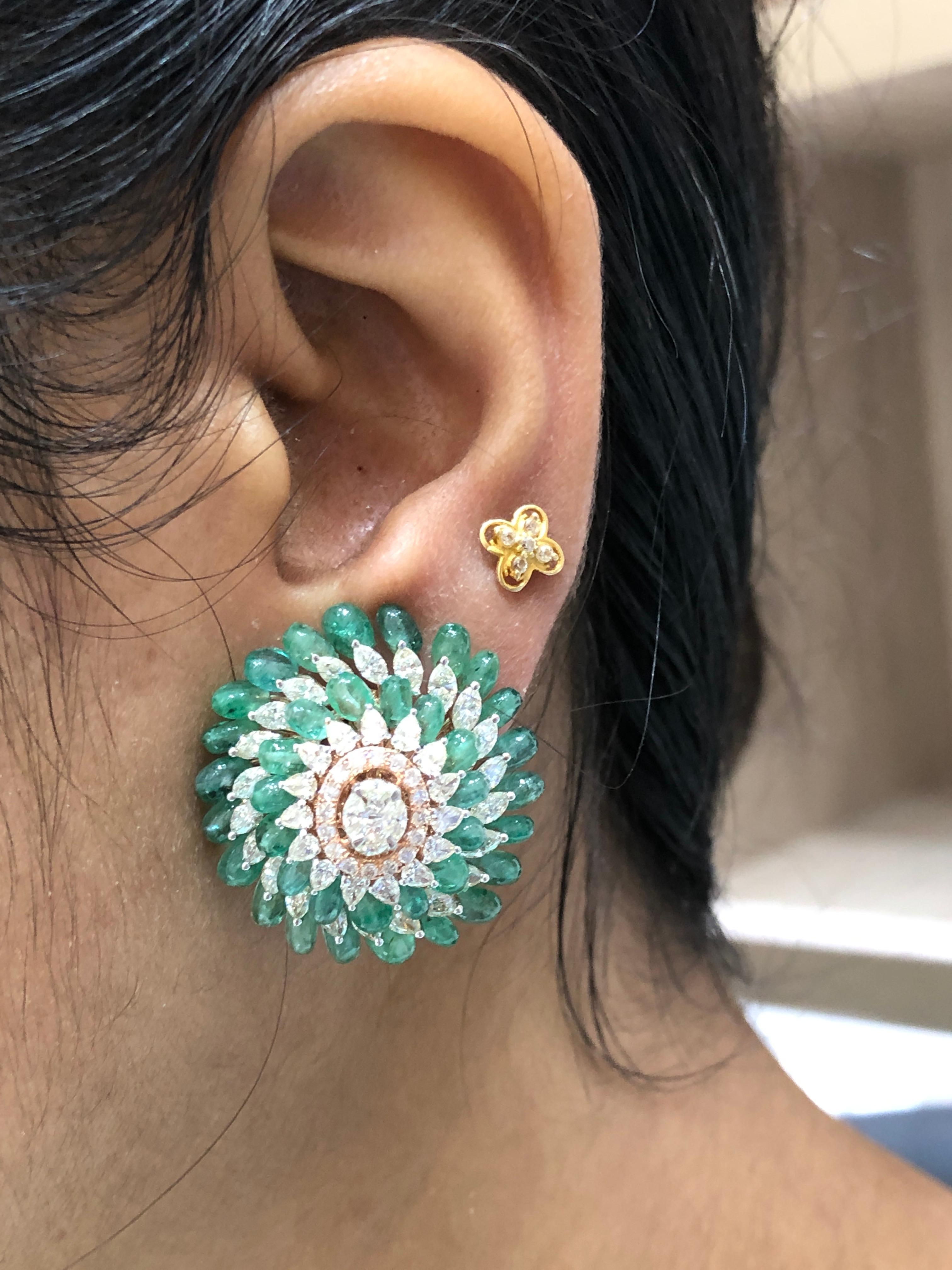 Mixed Cut 14 Karat Emeralds White Diamonds Stud Earrings