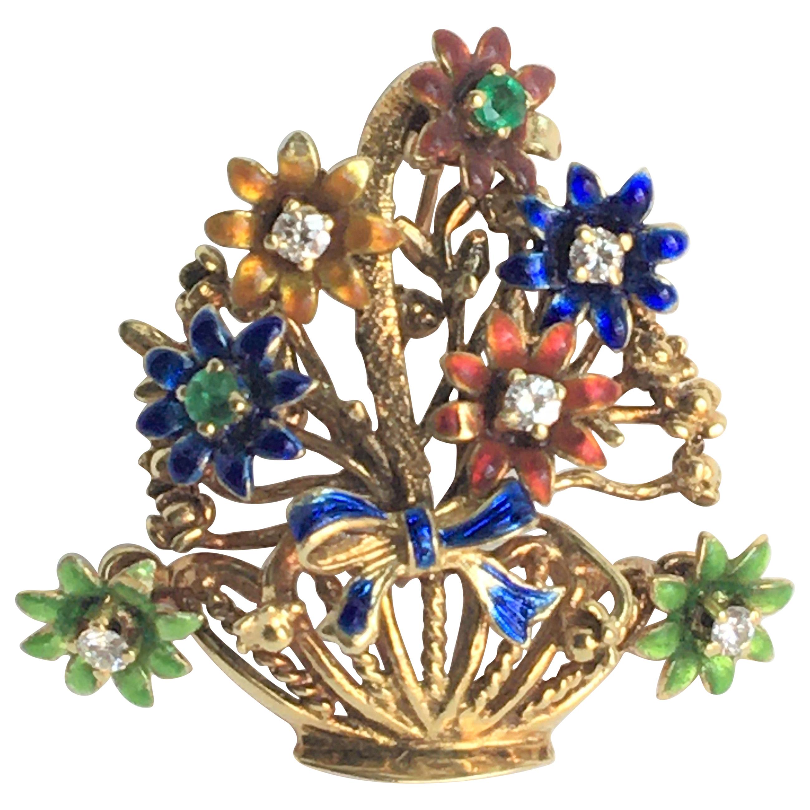 14 Karat Enamel Flower Basket Brooch with Diamonds Rubies