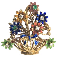 Antique 14 Karat Enamel Flower Basket Brooch with Diamonds Rubies