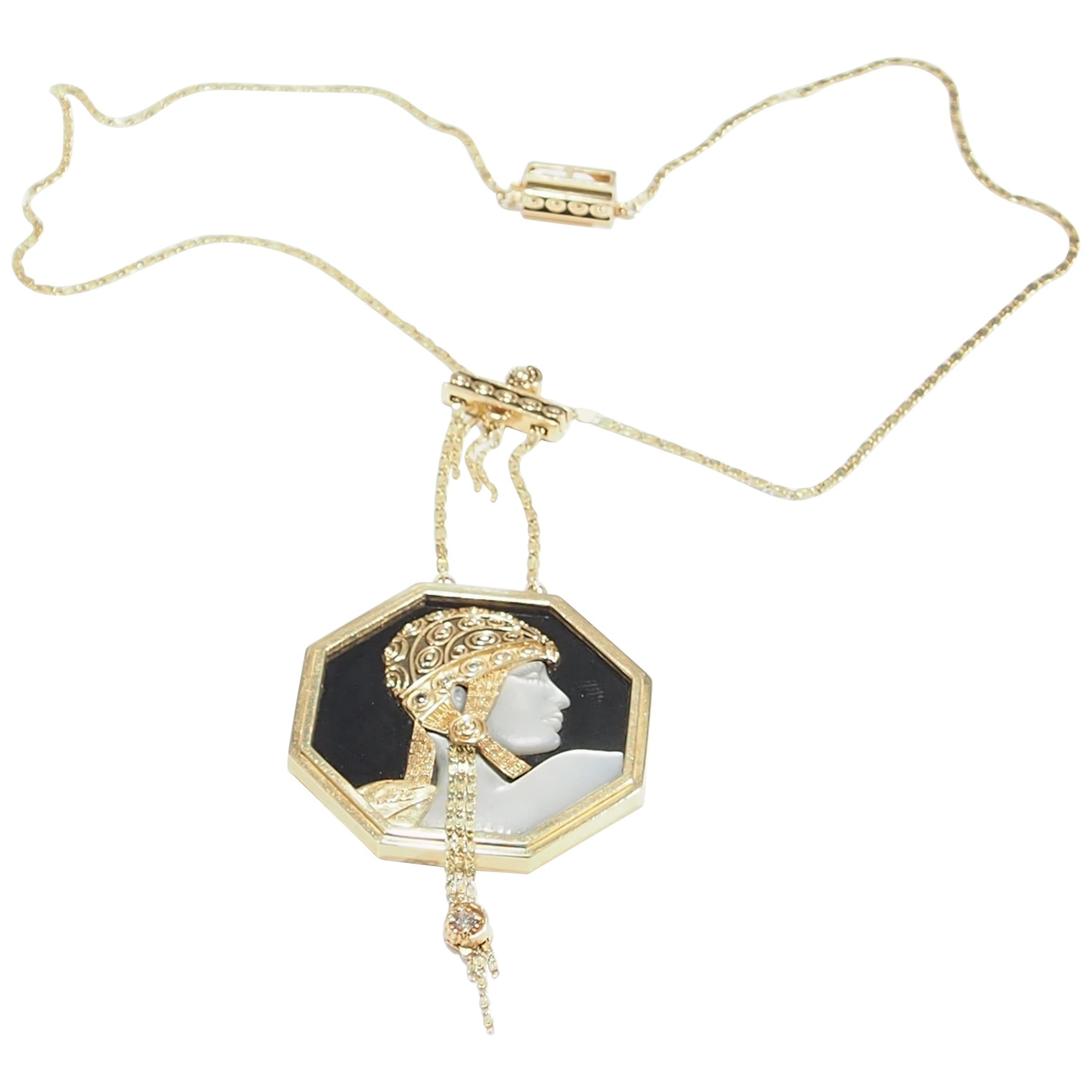 14 Karat Erte Necklace Aventurine Diamond Onyx Art Deco, 1979