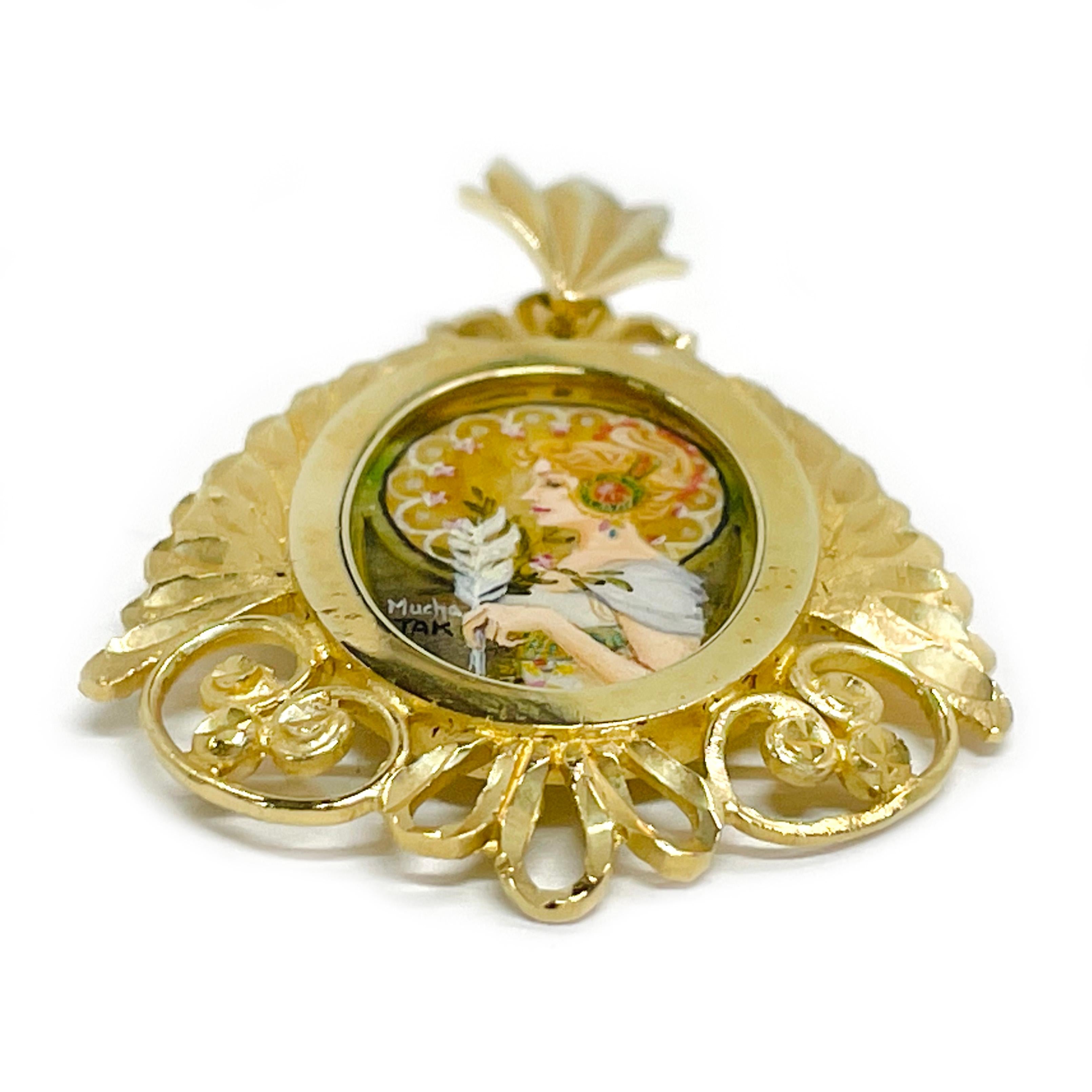 14 Karat Yellow Gold 'Feather' Hand Painted Mother of Pearl Pendant. Absolutely lovely recreated Alphonse Mucha's 'Feather' painting. The miniature painting is set in a 14 karat gold ornate oval frame with diamond-cut details. The painting is signed