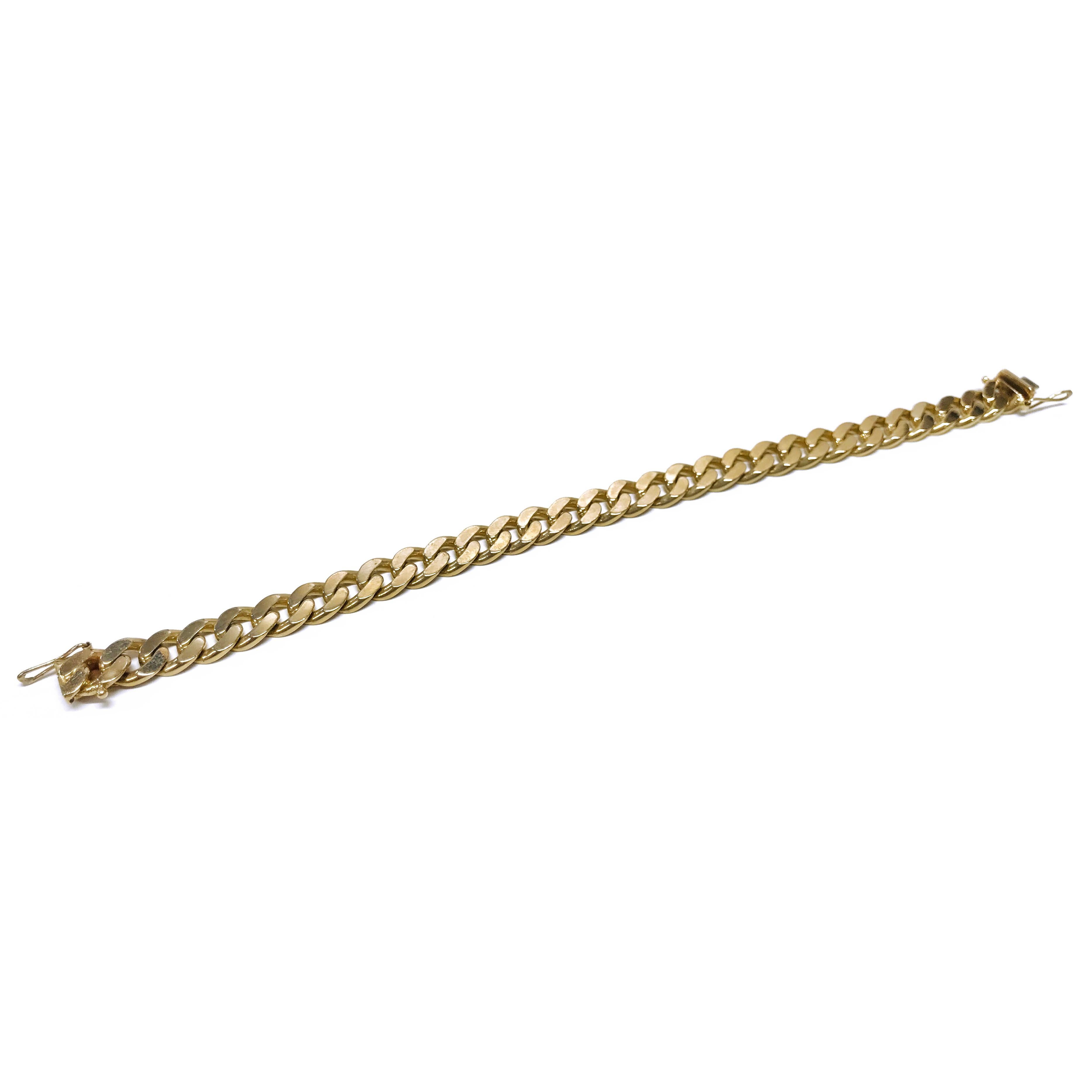 14 Karat Flat-Curb Link Bracelet. This bracelet features 8.8mm flat-curbed links. The top of the bracelet links is a shiny finish while the bottom is a matte finish. The bracelet is 8