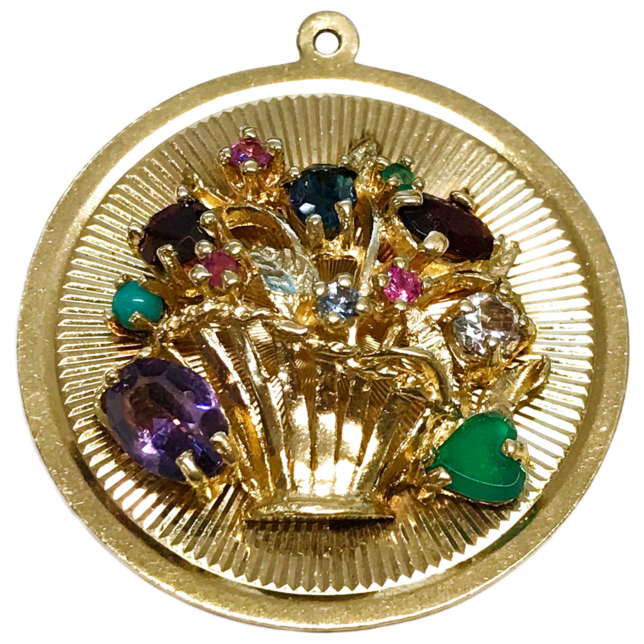 14 Karat Flower Basket Multi-Stone Medallion Pendant