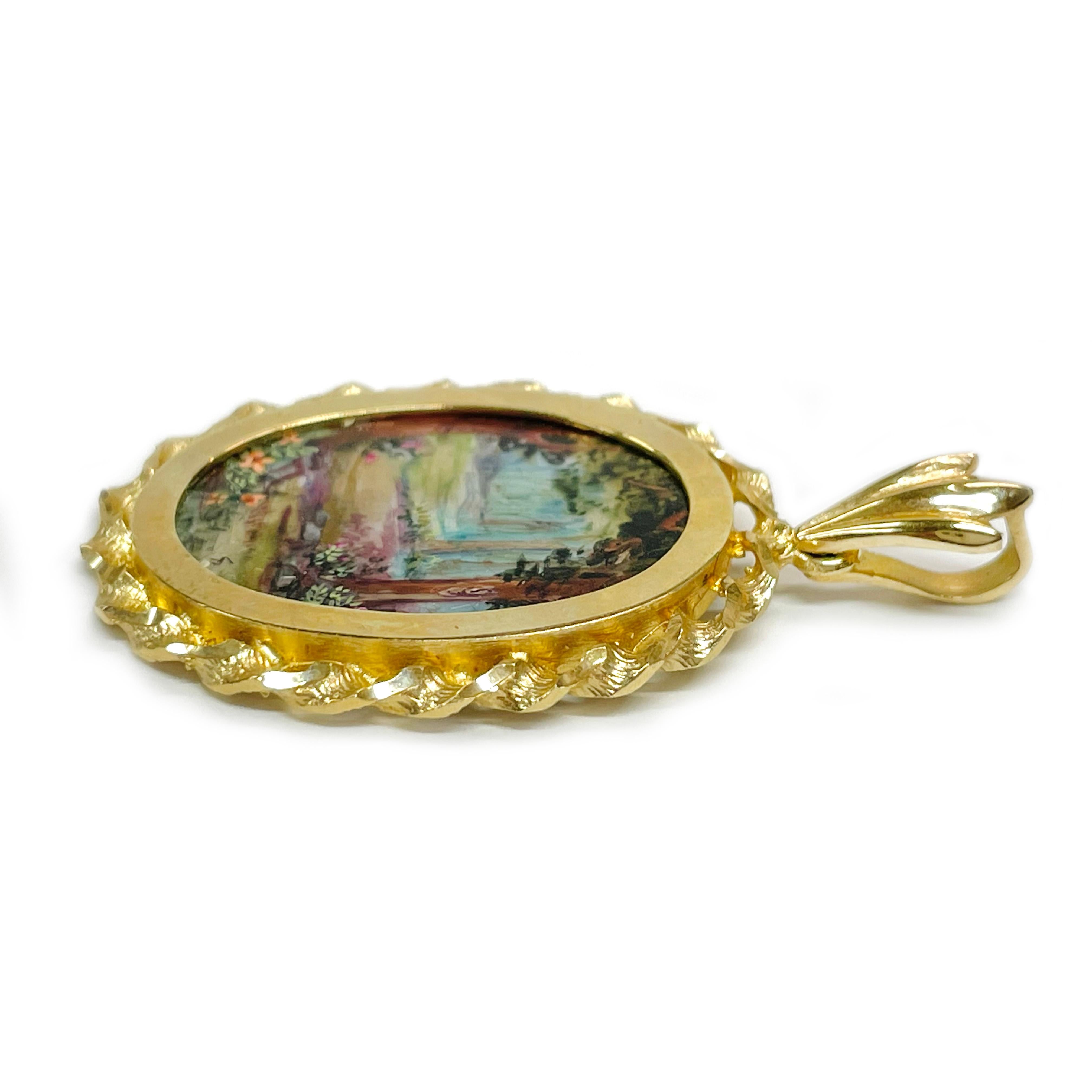 Contemporary 14 Karat Forest Masterpiece Hand Painted Mother-of-Pearl Pendant #0729 For Sale