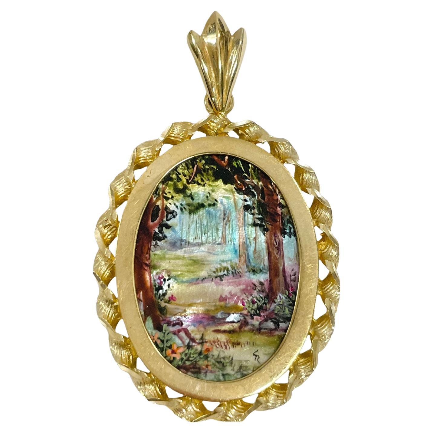 14 Karat Forest Masterpiece Hand Painted Mother-of-Pearl Pendant #0729 For Sale