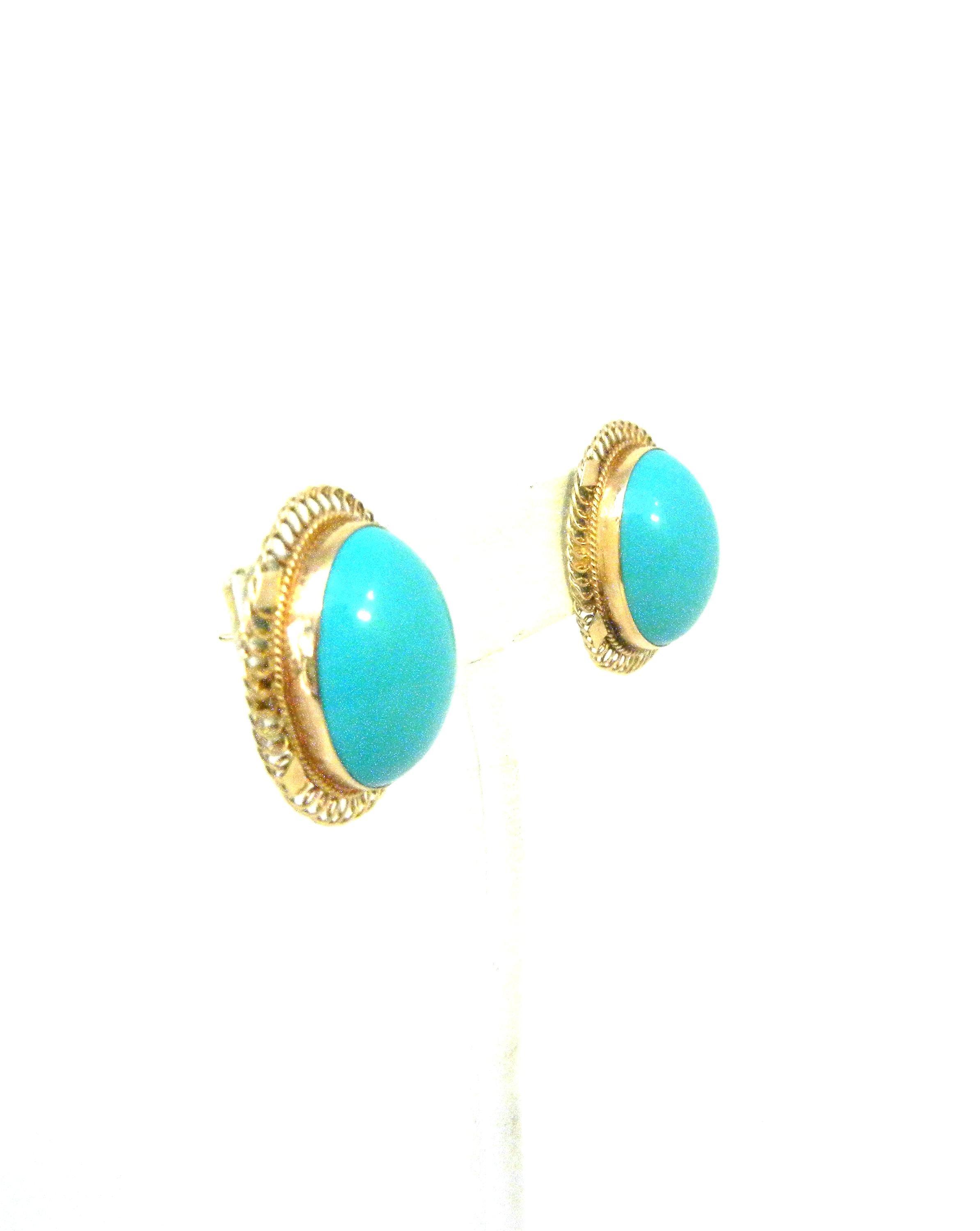 Persian Turquoise has an unmistakable hue!  Rich, warm and forever in style.  These fantastic pierced earrings feature impressive 14mmx20mm oval cabochon stones bezel set  and graced with open work frames.  Perfect from day to evening.  Must be