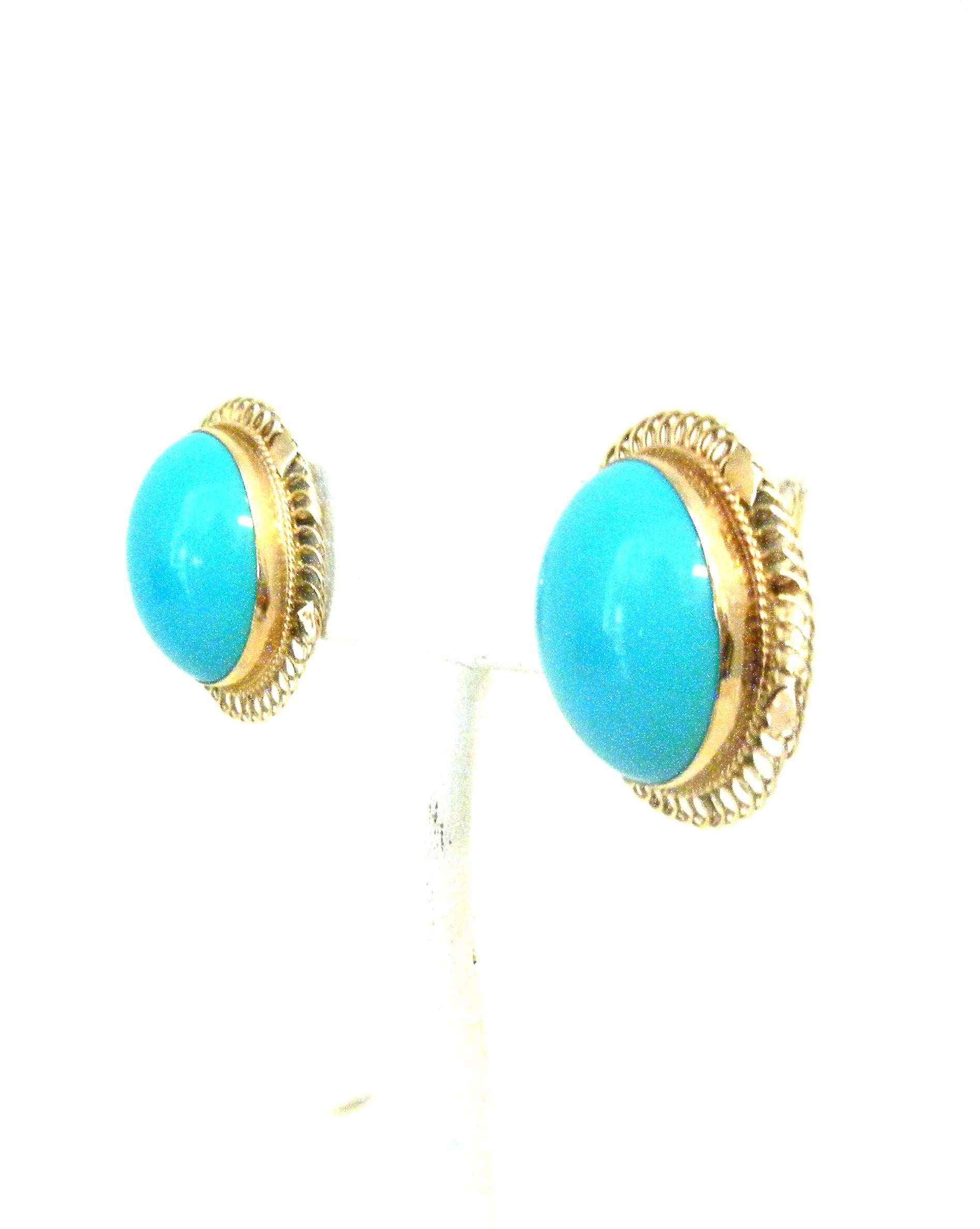 14 Karat Framed Persian Turquoise Pierced Earrings In Excellent Condition In Palm Beach, FL