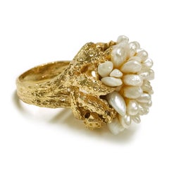 14K Yellow Gold Retro Freshwater Pearl Cluster Ring, Size 7.25, USA