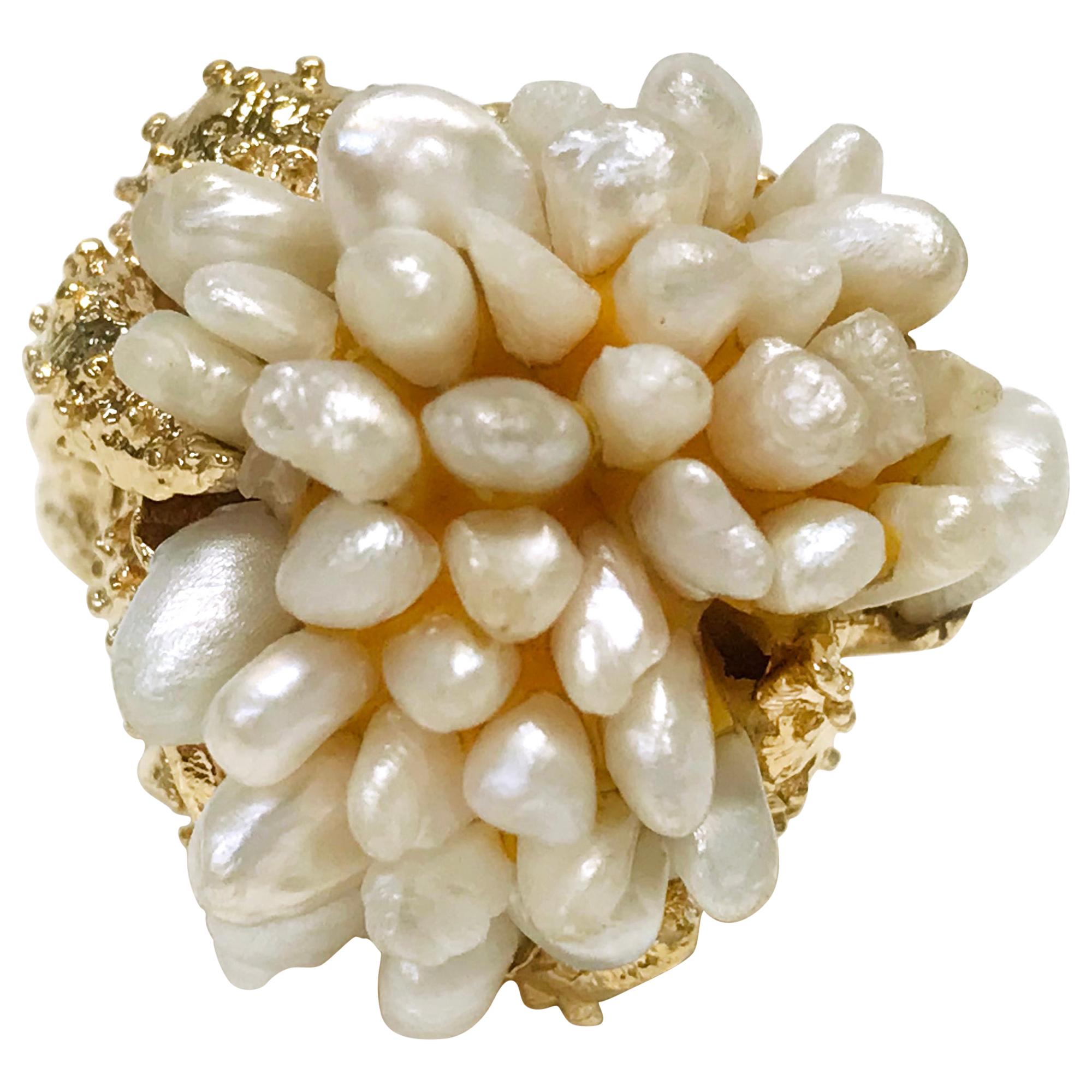 14 Karat Freshwater Pearl Cluster Ring For Sale