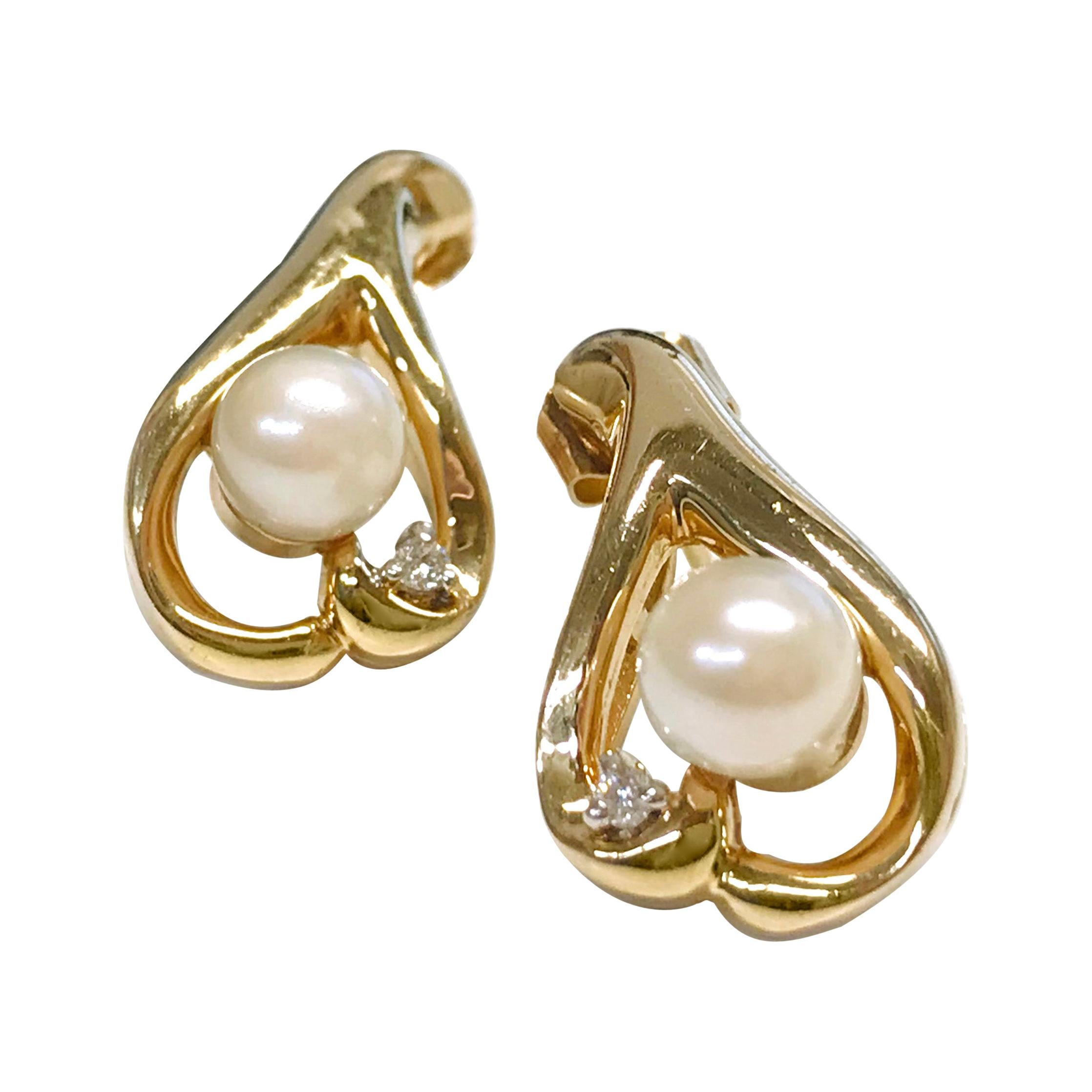 Yellow Gold Freshwater Pearl Diamond Earrings For Sale