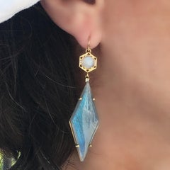 14 Karat Geometric Drop Earrings with Moonstone 'Catseye' and Labradorite