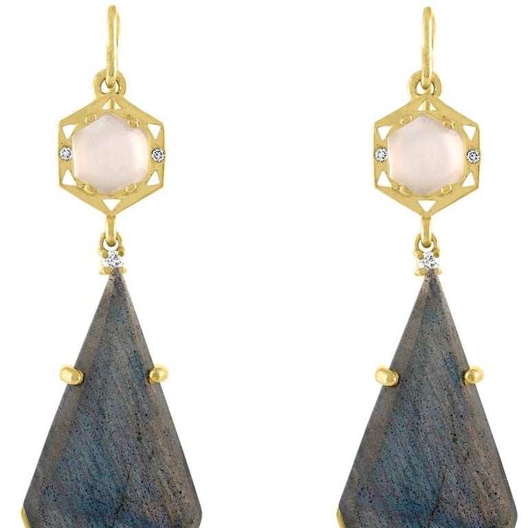 Contemporary 14 Karat Geometric Drop Earrings with Moonstone 'Catseye' and Labradorite For Sale