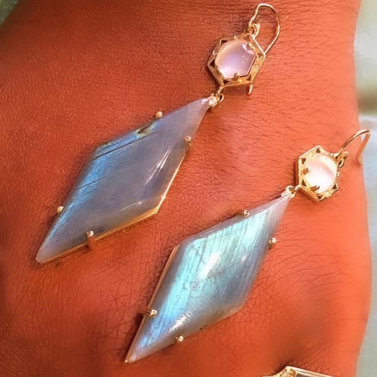Cabochon 14 Karat Geometric Drop Earrings with Moonstone 'Catseye' and Labradorite For Sale