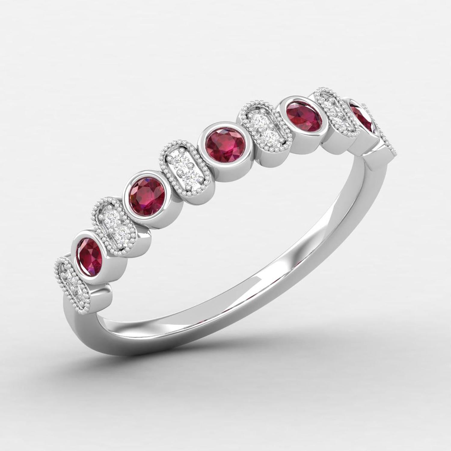 Modern 14 Karat Gold 0.1 MM Diamond Ring / 2 MM Ruby Ring / Ring for Her / Cluster Band For Sale