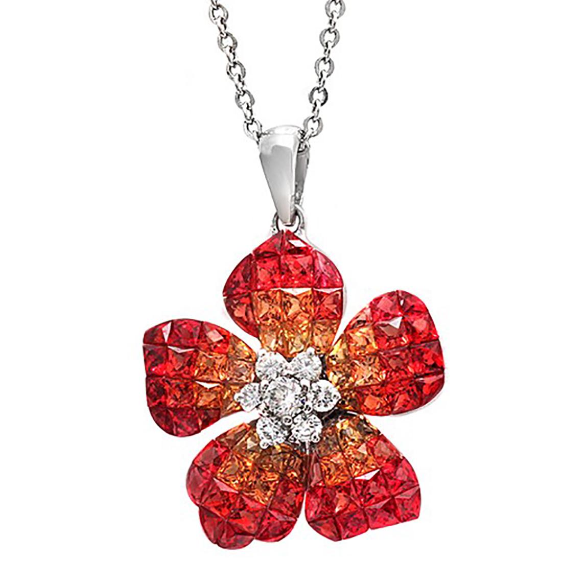 14 Karat Gold 0.32 Carat Diamonds 7.29 Carat Orange Sapphire Flower Necklace