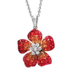 Collier fleur en or 14 carats avec diamants 0,32 carat et saphir orange 7,29 carats