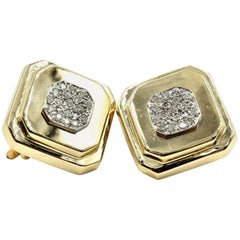 14 Karat Gold, 0.80 Carat Round Brilliant Diamond Cluster, Square Clip Earrings