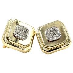 14 Karat Gold, 0.80 Carat Round Brilliant Diamond Cluster, Square Clip Earrings