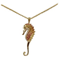 14 Karat Gold 0.84 Carat Multicolored Sapphire and Diamond Seahorse Necklace