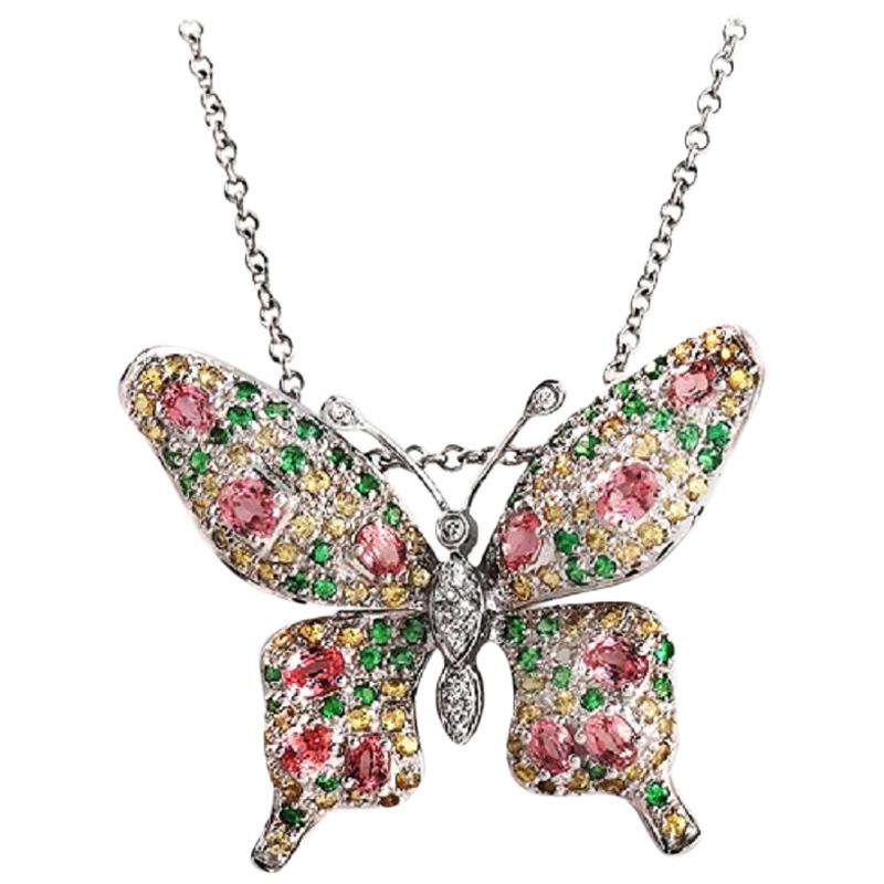 14 Karat Gold .09 Carat Diamonds 2.45 Carat Multi Stones Butterfly Necklace For Sale