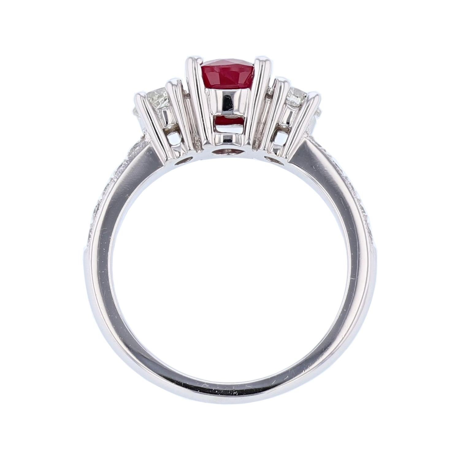 14 Karat Gold 1.36 Carat Cushion Cut Ruby and Diamond Three Stone Ring In New Condition For Sale In Houston, TX