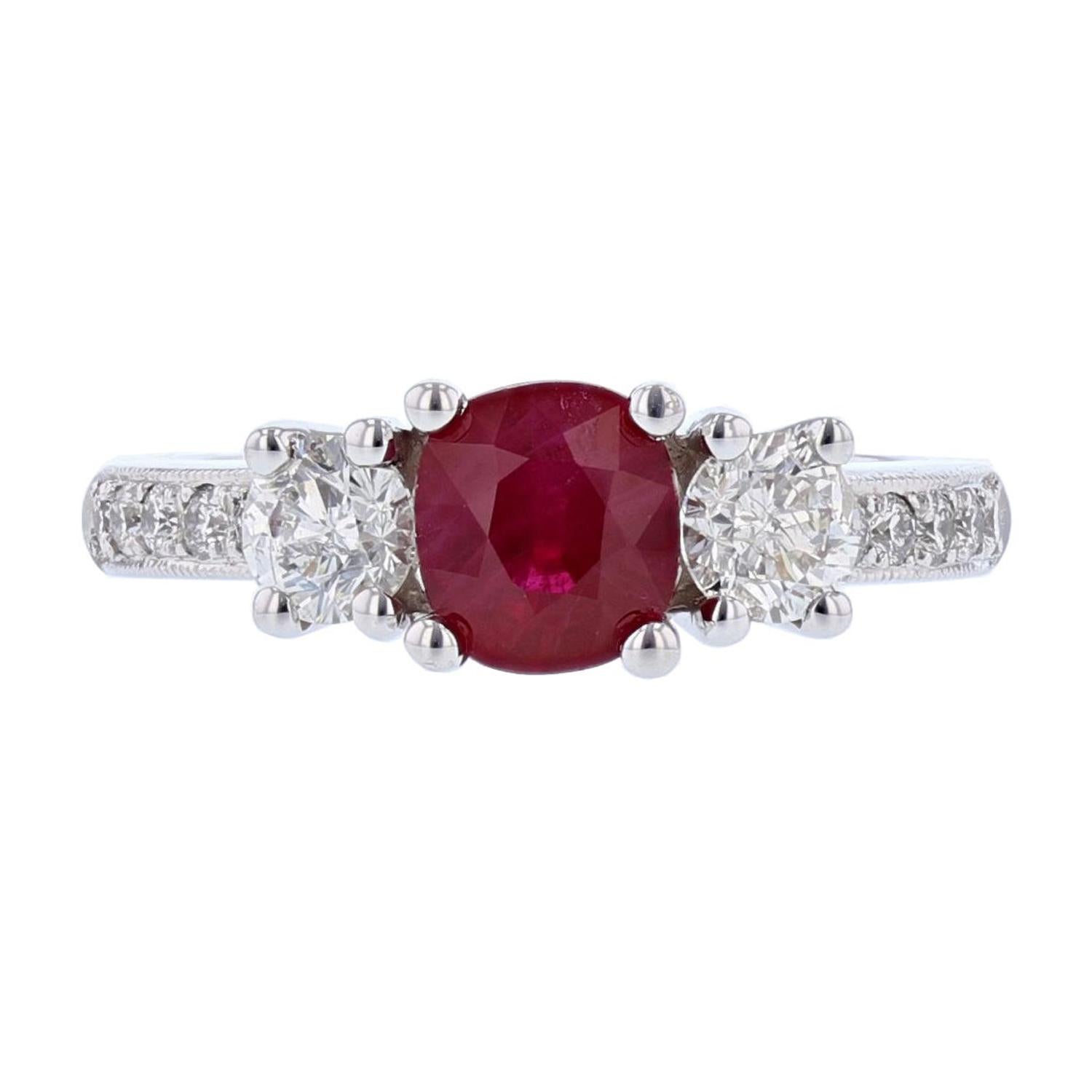 14 Karat Gold 1.36 Carat Cushion Cut Ruby and Diamond Three Stone Ring