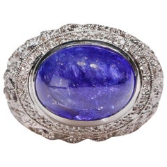 14 Karat White Gold 14 Carat Tanzanite 1.3 Ct Diamond Round Dome Cocktail Ring