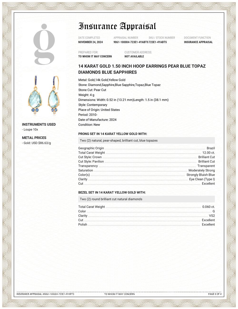 Contemporain Créoles en or 14 carats avec topaze bleue poire et saphirs bleus de 1,50 pouce en vente