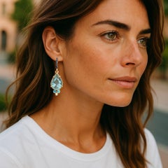 14K Gold Hoop Drop Earrings with Blue Topaz, Sapphires, Diamonds