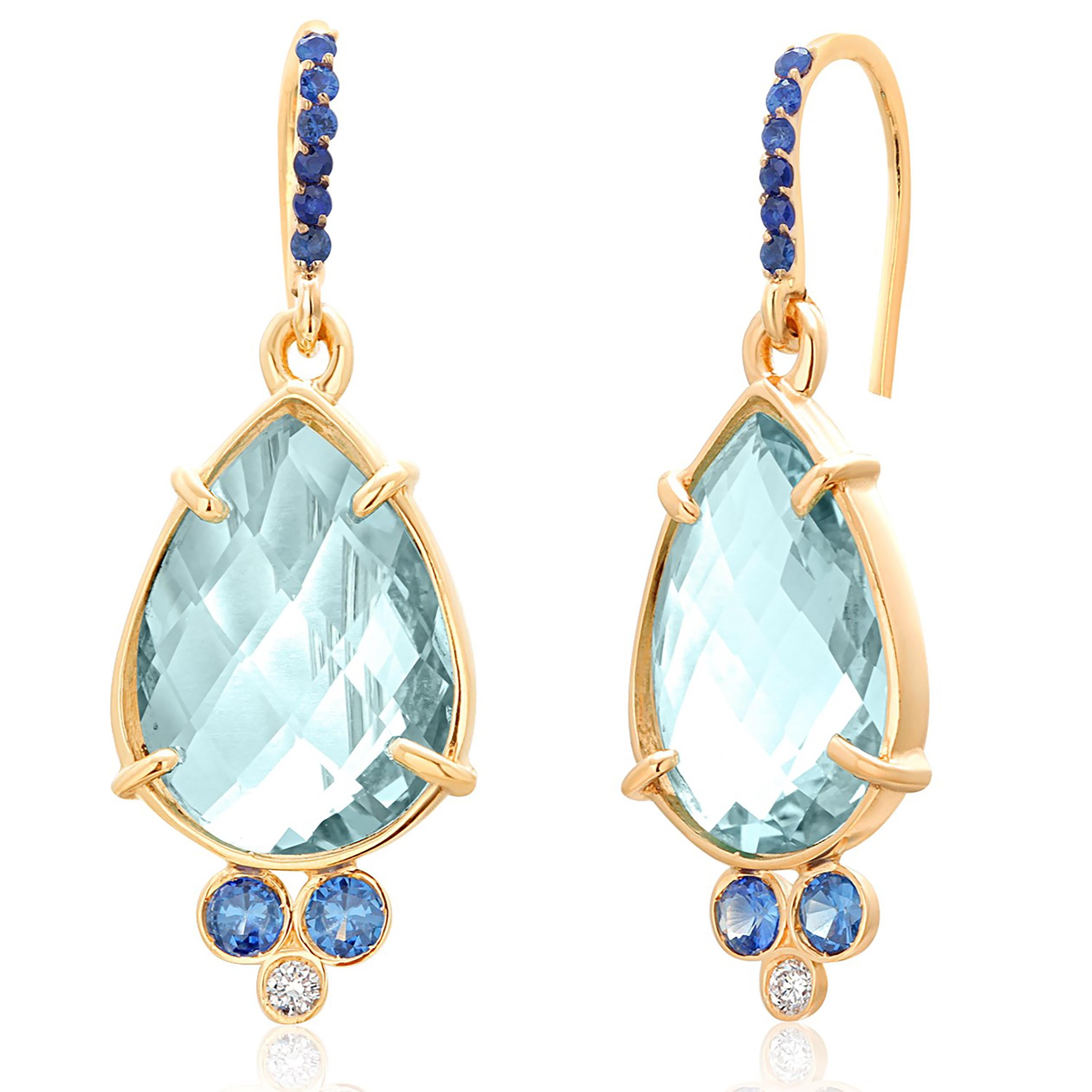 Créoles en or 14 carats avec topaze bleue poire et saphirs bleus de 1,50 pouce Neuf - En vente à New York, NY