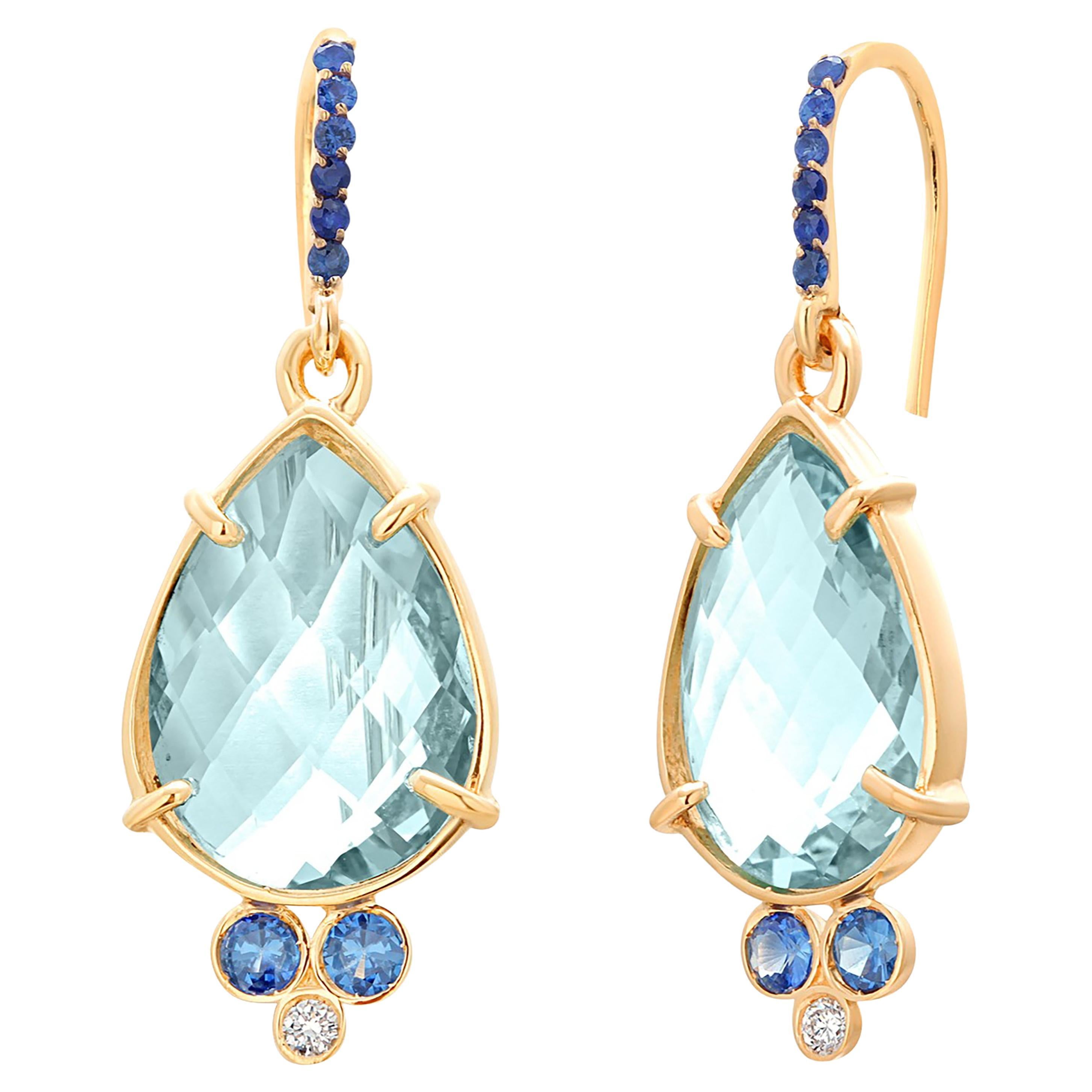14 Karat Gold 1.50 Inch Hoop Earrings Pear Blue Topaz Diamonds Blue Sapphires