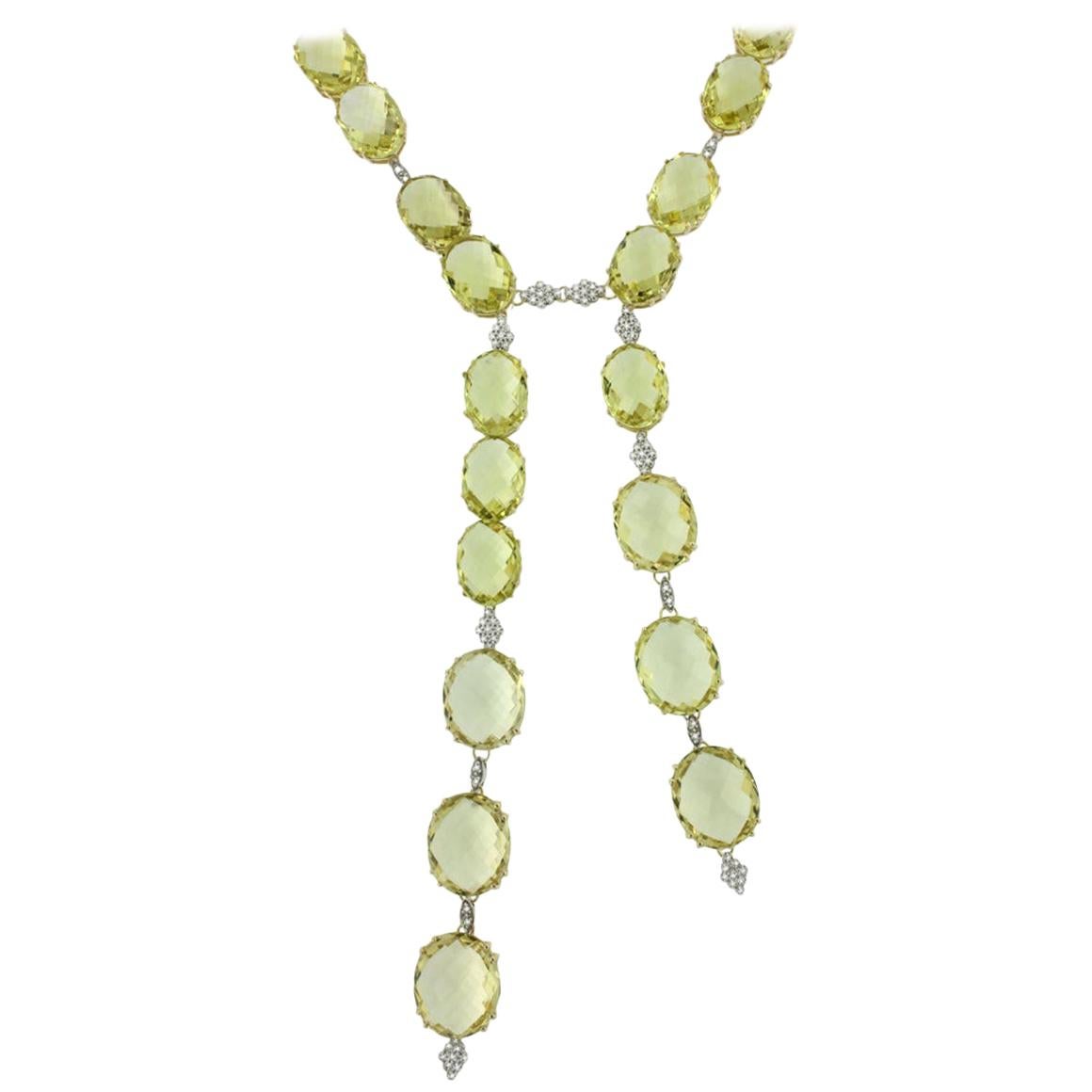 14 Karat Gold, 18 Karat White Gold with Lemon Quartz and White Diamond Necklace